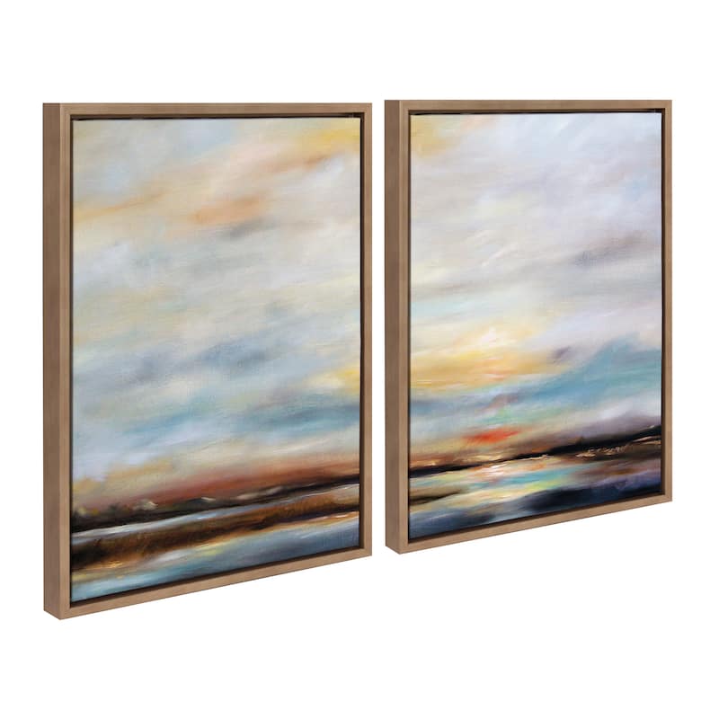 Kate and Laurel Sylvie Carolina Sunset Diptych Framed Canvas Art Set by Mary Sparrow - 2 Piece Set 18x24 - Gold