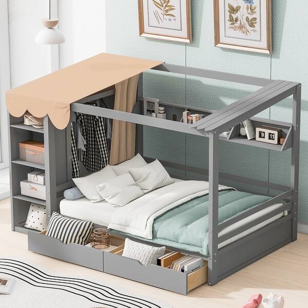 slide 2 of 15, Full Size House Bed with Built-in Wardrobe, Two Drawers, Shelves, and Lace Curtain Design, Grey Finish Grey