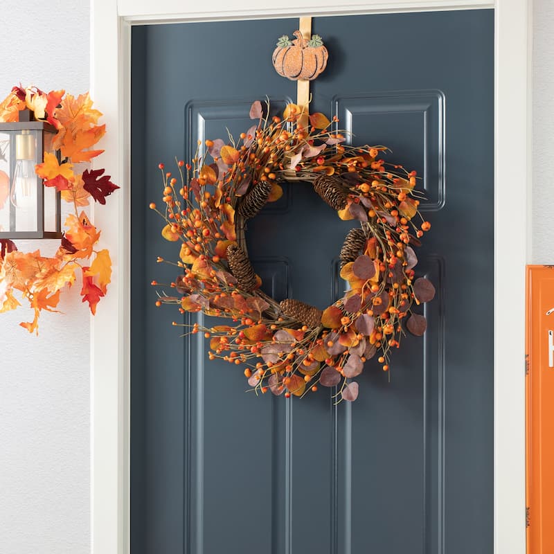 Glitzhome 22"D Fall Eucalyptus Berry Wreath with Hanger Thanksgiving Decor