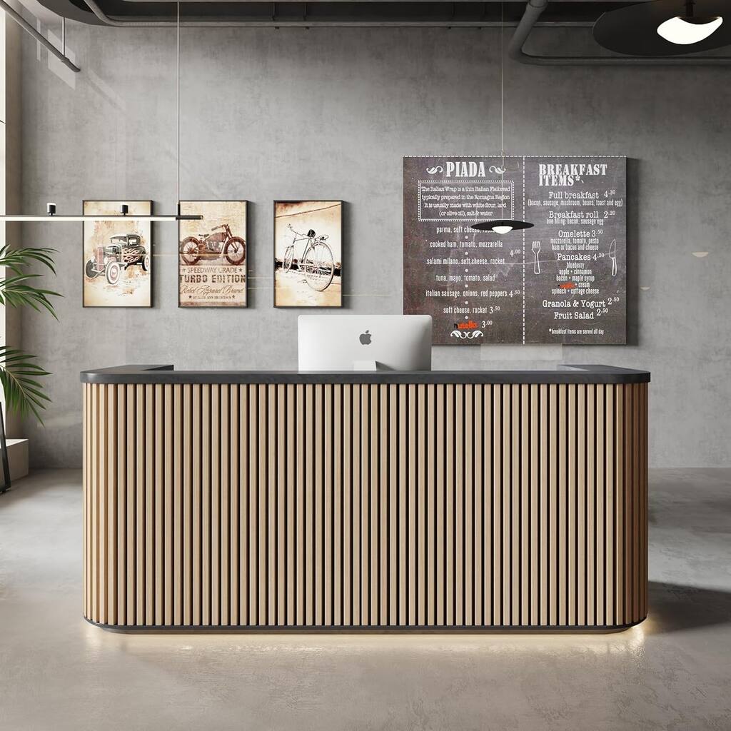 WESOME 70.87in Mid Century Curved Reception Desk with Cable Box LED Light