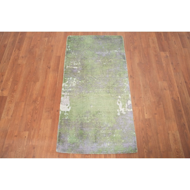 Hand Knotted Oriental Viscose Silk Carpet Modern All-Over Green Abstract Area Rug - 4' 0'' X 2' 0''
