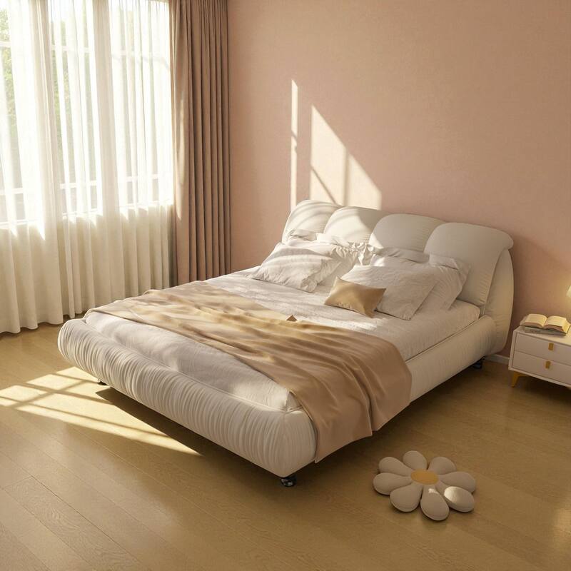 Queen/King Size Luxury Upholstered Platform Bed with Oversized Padded Headboard, Solid Wood Frame & Adjustable Mattress Height