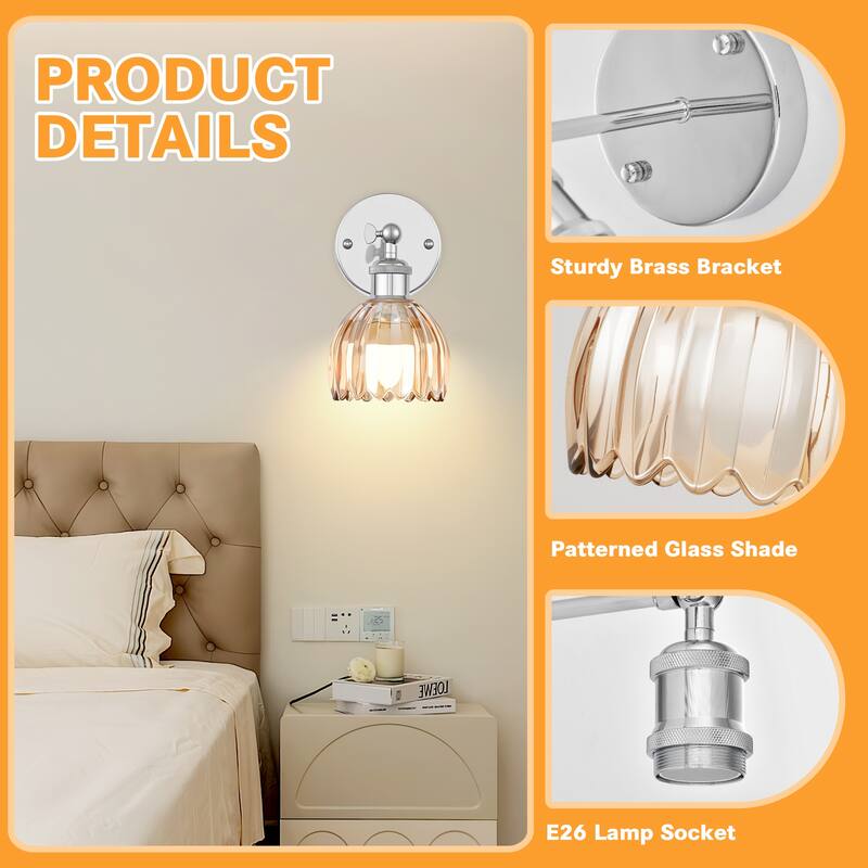 Adjustable Vintage Wall Sconce with Amber Tulip Glass Brass Fixture with Switch Ideal for Bedroom Hallway or Entry