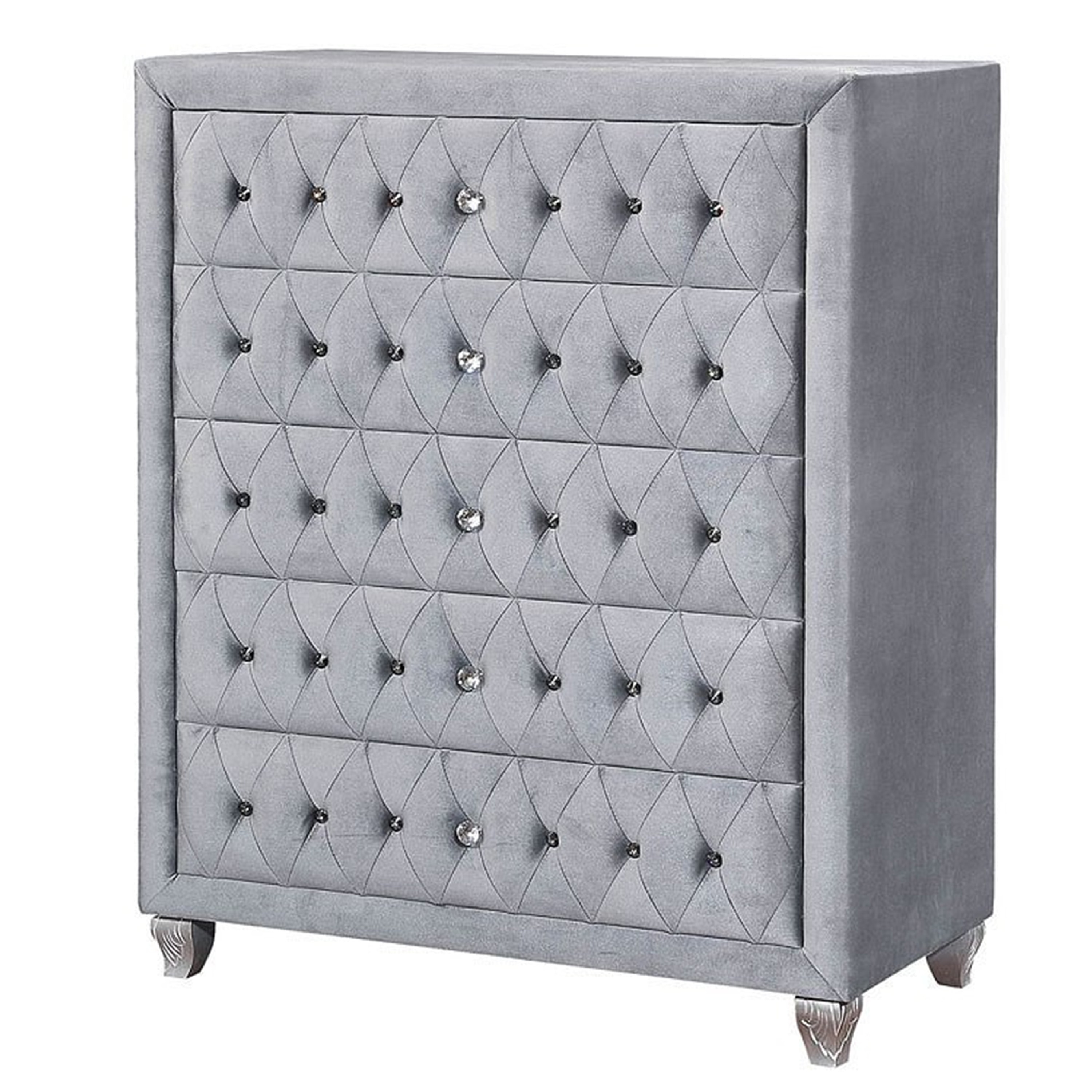 Rea Tall Dresser Chest, 5 Drawers with Crystal Knobs, Gray Velvet Upholstery - Overstock - 43689205 Rea Tall Dresser Chest, 5 Drawers with Crystal Knobs, Gray Velvet Upholstery - Overstock - 43689205