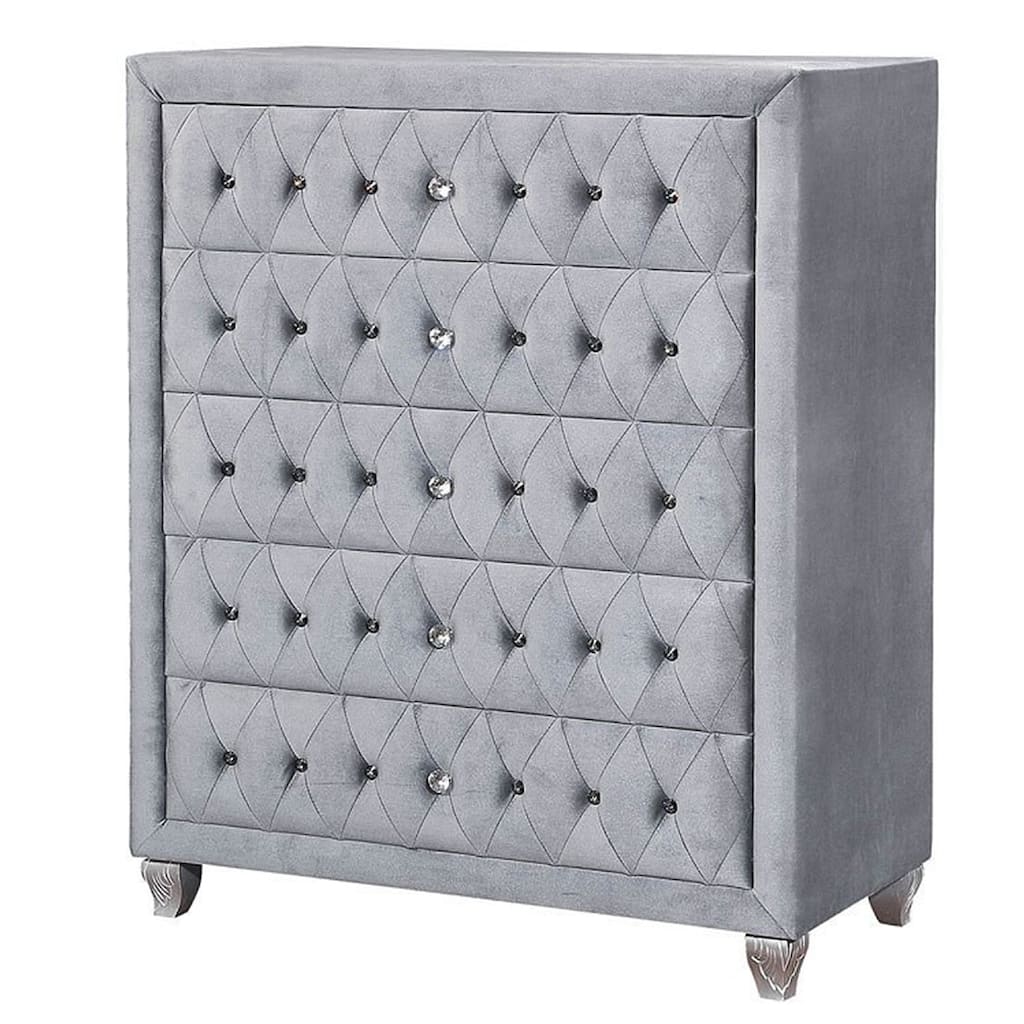 Rea Tall Dresser Chest, 5 Drawers with Crystal Knobs, Gray Velvet Upholstery