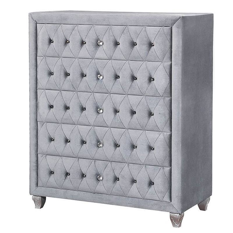 Rea Tall Dresser Chest, 5 Drawers with Crystal Knobs, Gray Velvet Upholstery