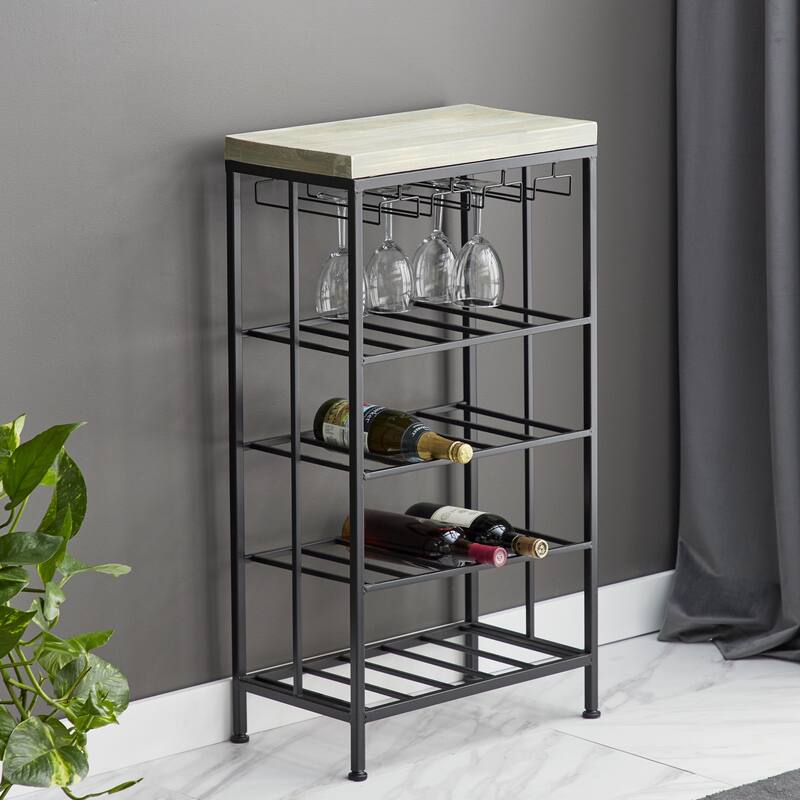 Metal Standing Wine Rack with Brown Wooden Tabletop - Black - Roche River Decor