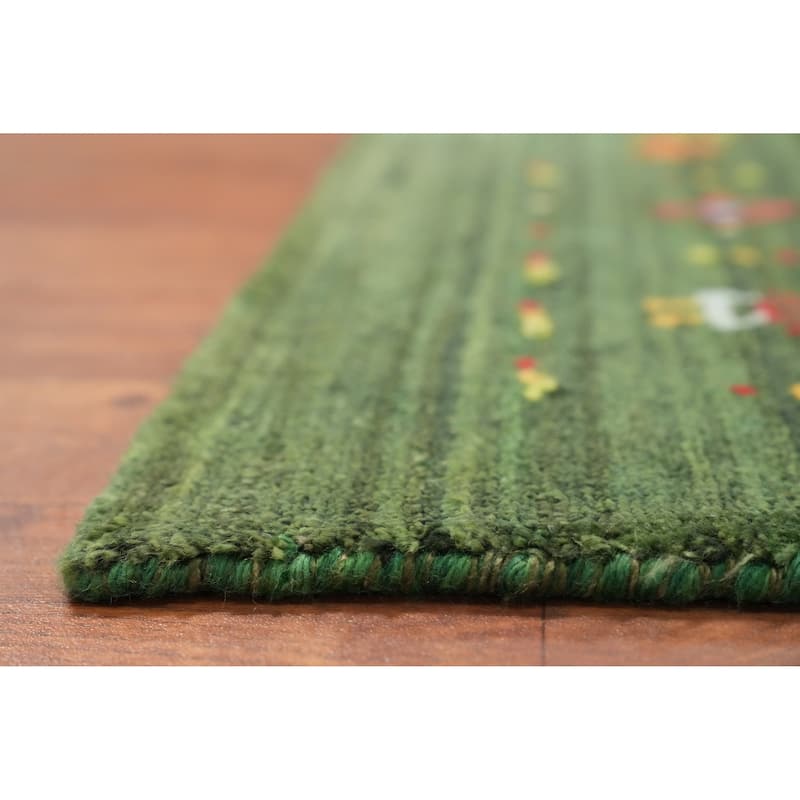 Hand Knotted Oriental Viscose Silk Carpet Tribal Animal Pictorial Green Gabbeh Runner Rug - 7' 6'' X 2' 8''