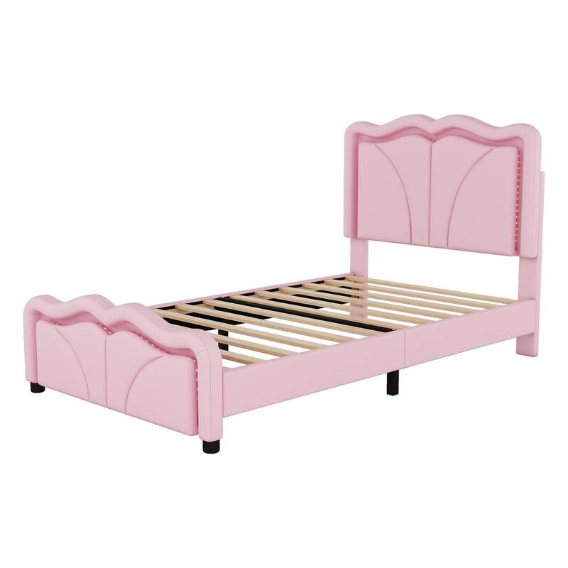 Nestfair Upholstered Platform Bed with Curve Shaped and Height-adjustbale Headboard and LED Light Strips
