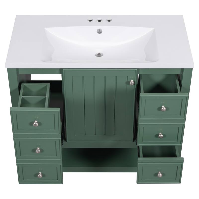 Freestanding 36" Bathroom Vanity Cabinet with Ceramic Sink & Open Storage Shelf