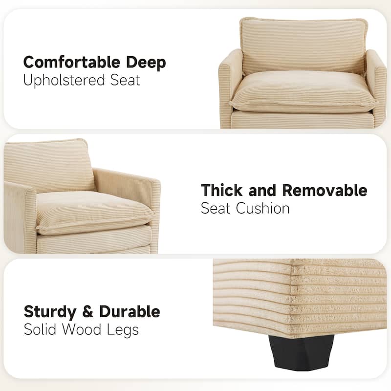 Oversized Corduroy Armchair with Plush Cushions and Movable Ottoman