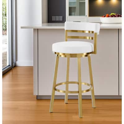 HomeRoots 30" White and Gold Faux Leather and Stainless Steel Low Back Bar Height Swivel Bar Chair