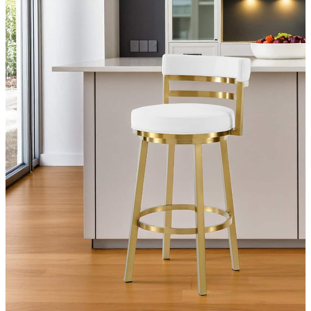 HomeRoots 30" White and Gold Faux Leather and Stainless Steel Low Back Bar Height Swivel Bar Chair