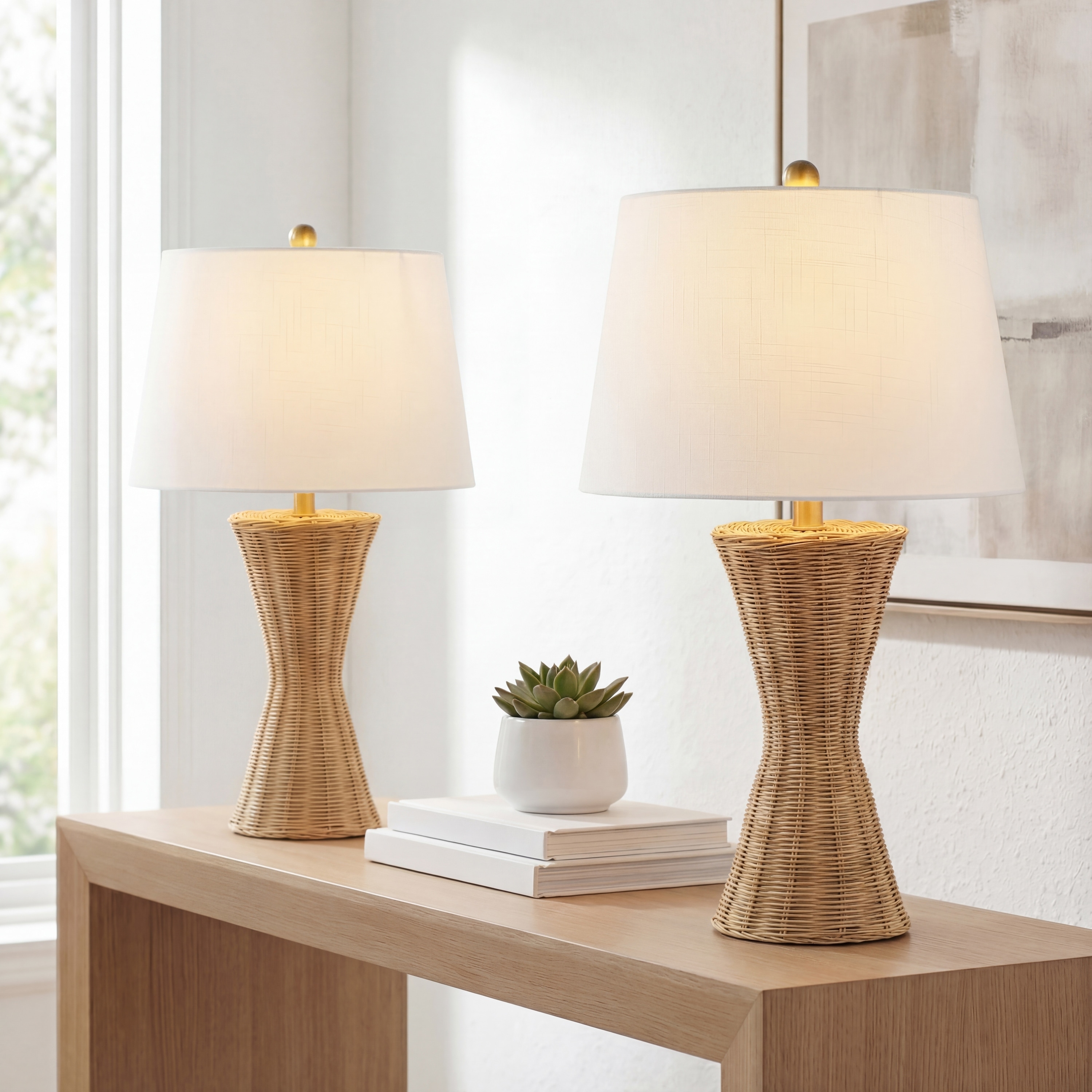 JONATHAN Y Alma 27" Coastal Designer Iron/Rattan Wicker LED Table Lamp, Natural (Set of 2)