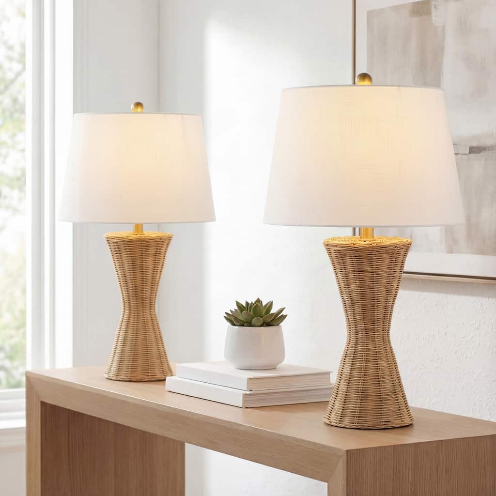 Alma 27" Coastal Designer Iron/Rattan Wicker LED Table Lamp, Natural (Set of 2), by JONATHAN Y