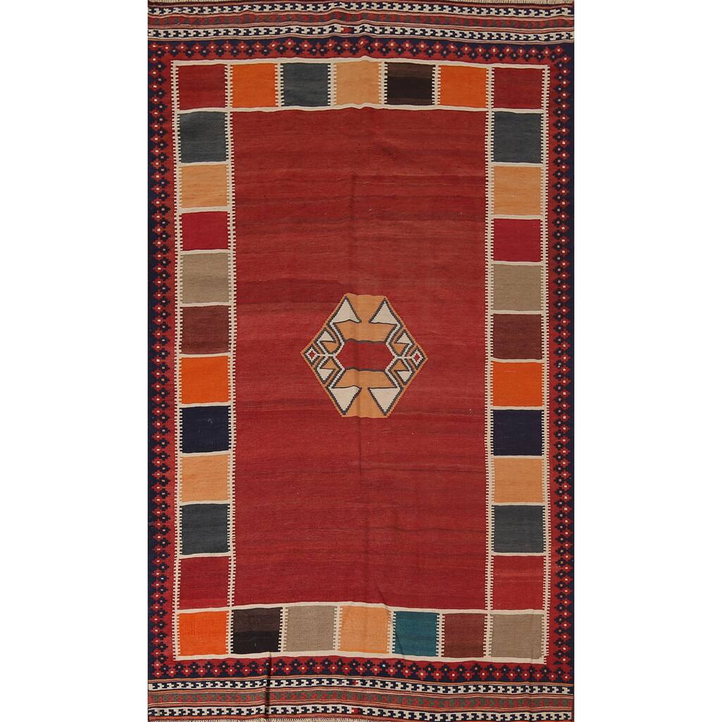 Vegetable Dye Kilim Qashqai Persian Vintage Flatweave Red Wool Carpet - 4'11"x 8'7"