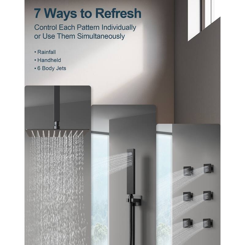 GRANDJOY Thermostatic Shower System 12 inch Ceiling Mount Shower Head 6 Body Jets Handheld Spray with Hose High Pressure