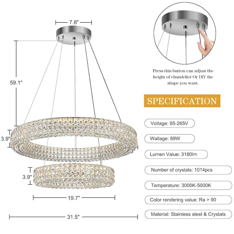 Modern Dimmable LED Crystal Drum Chandelier Glam Ring Lights