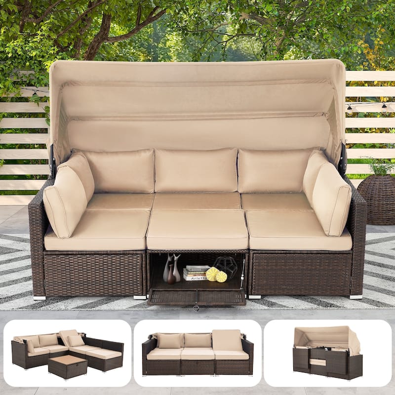 EROMMY 6-Piece Patio Furniture Set, Rattan Daybed with Canopy and Adjustable Backrest - Khaki