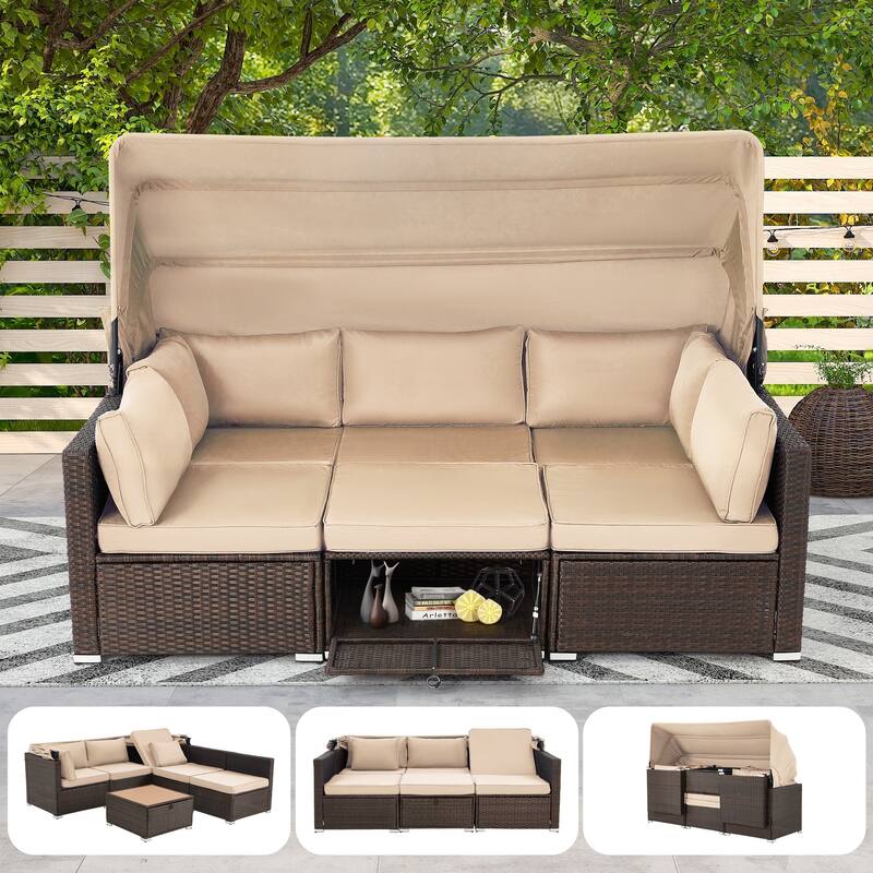 Erommy 6-Piece Patio Set - Rattan Daybed with Canopy & Adjustable Backrest - Khaki