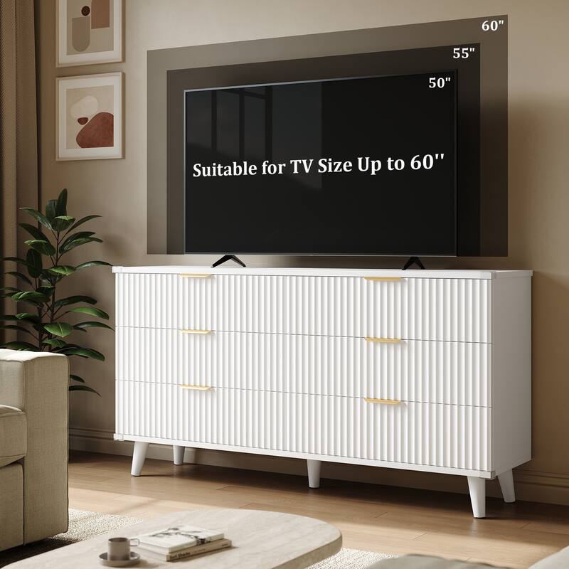 6 Drawer Dresser for Bedroom, 53" Wide Boho Fluted Dresser