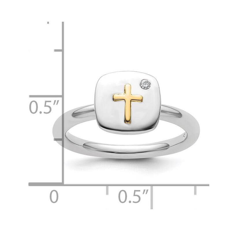Curata 2.25mm 925 Sterling Silver and 14k Religious Faith Cross Stackable Expressions Diamond Ring