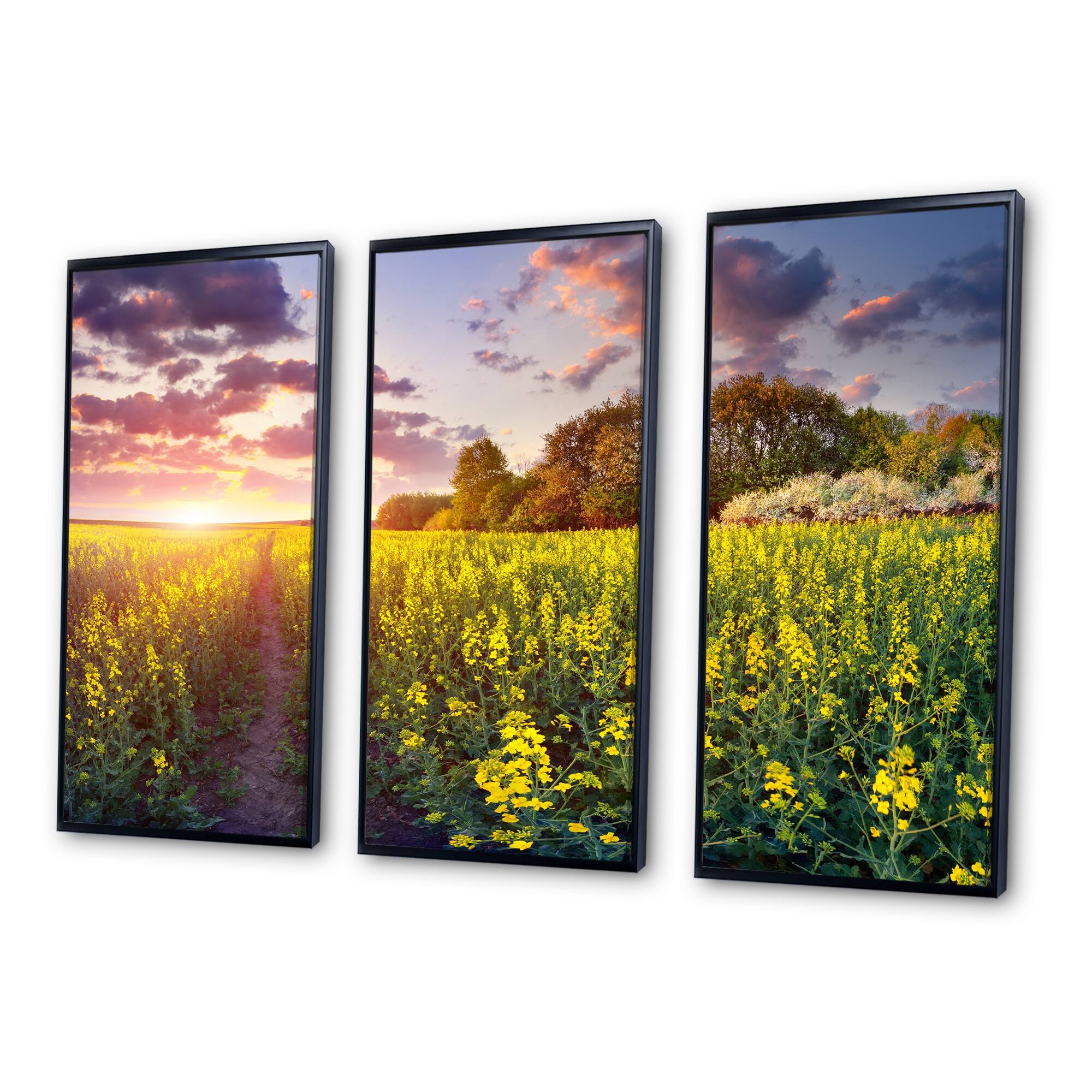 Designart "Fantastic Yellow Field at Sunset" Landscape Framed Art