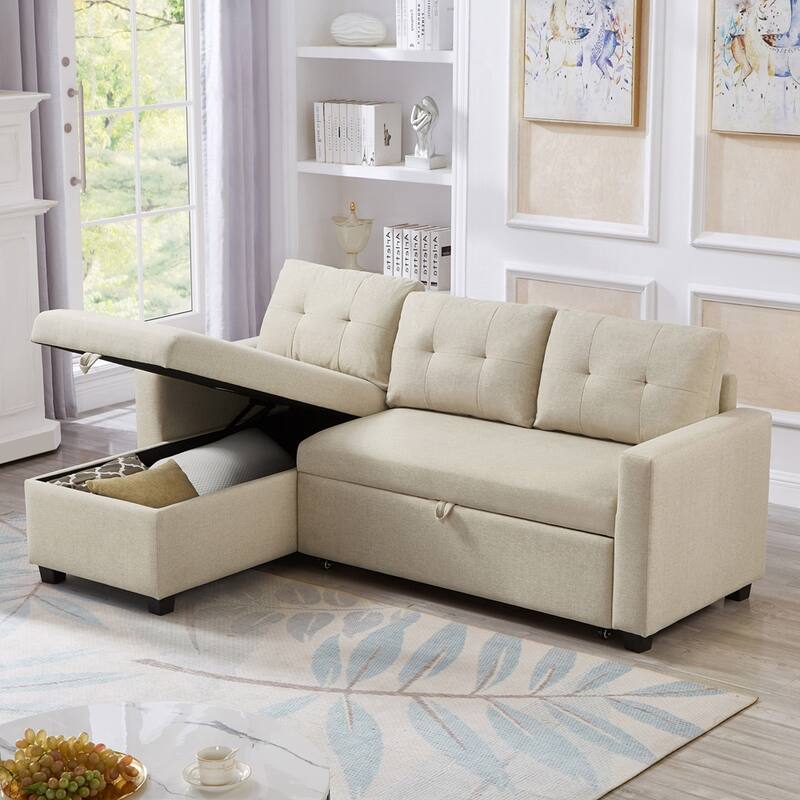 Modern Upholstered Pull Out Sectional Sofa with Storage Chaise