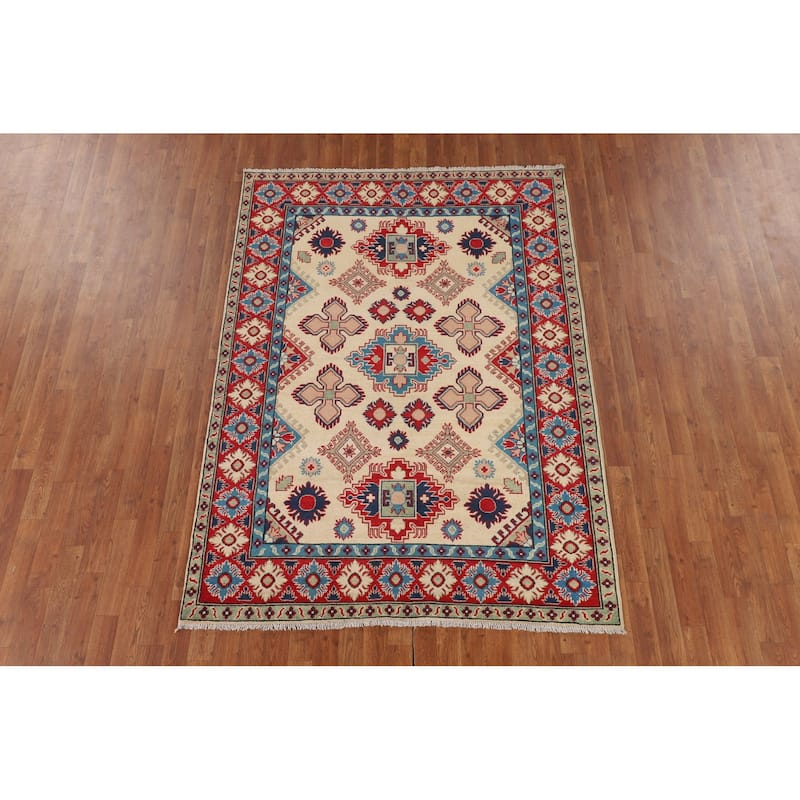 Kazak Area Rug Handmade Traditional Beige Wool Carpet - 5'0" x 7'11"