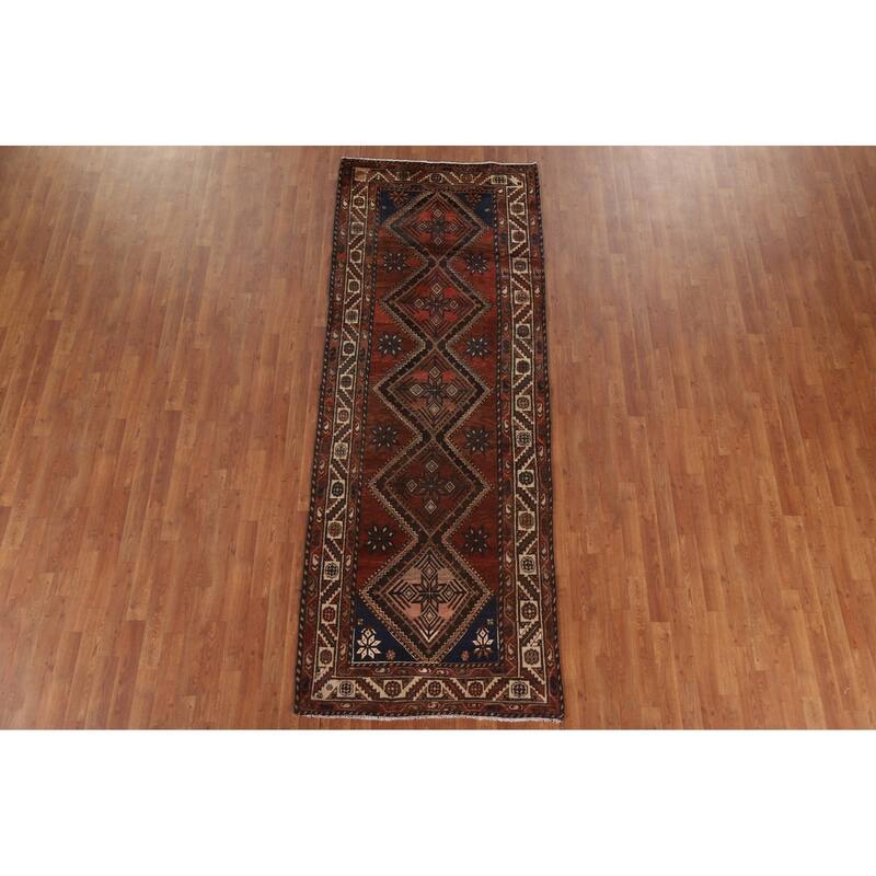 Hand Knotted Oriental 100% Wool Carpet Traditional Geometric Red Hamedan Runner Rug - 9' 10'' X 3' 8''