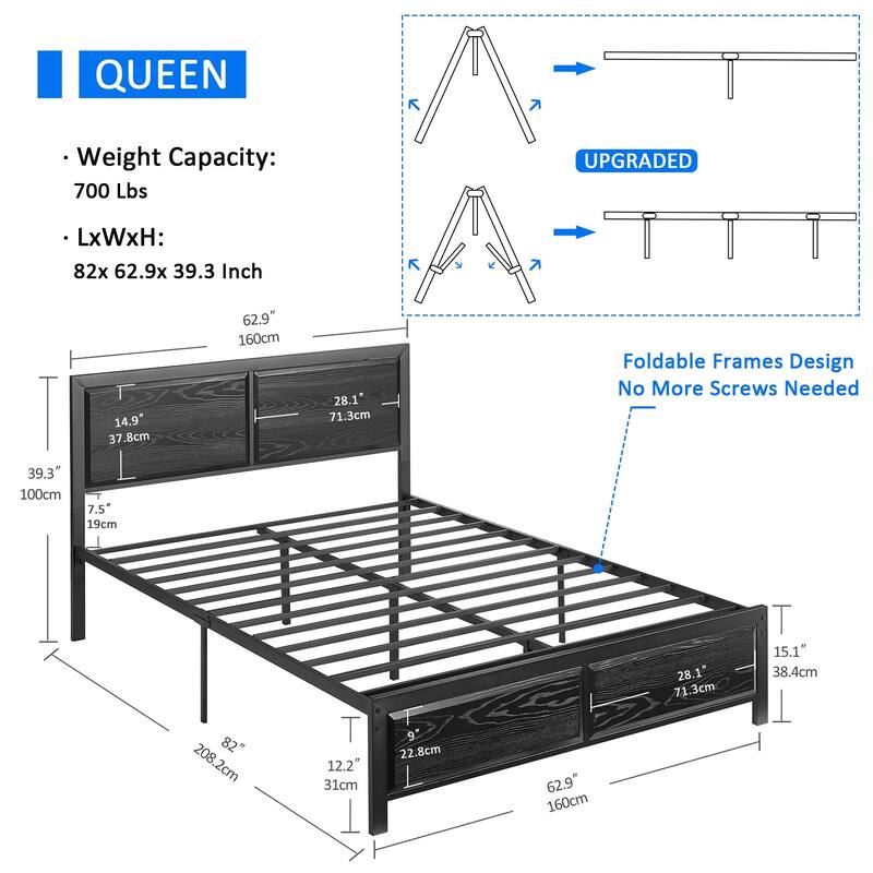 Javlergo Industrial Metal Platform Bed Frame with Wooden Headboard, Black