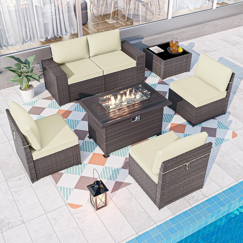 Delnavik 7 Pieces Rattan Outdoor Patio Furniture Sofa Set with Firepit - 7 pcs