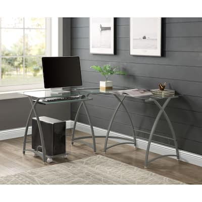 Modern L-Shaped Round Corner Glass Writing Computer Desk with Keyboard Tray, 51 Inch PC Laptop Writing Gamer Workstation, Silver