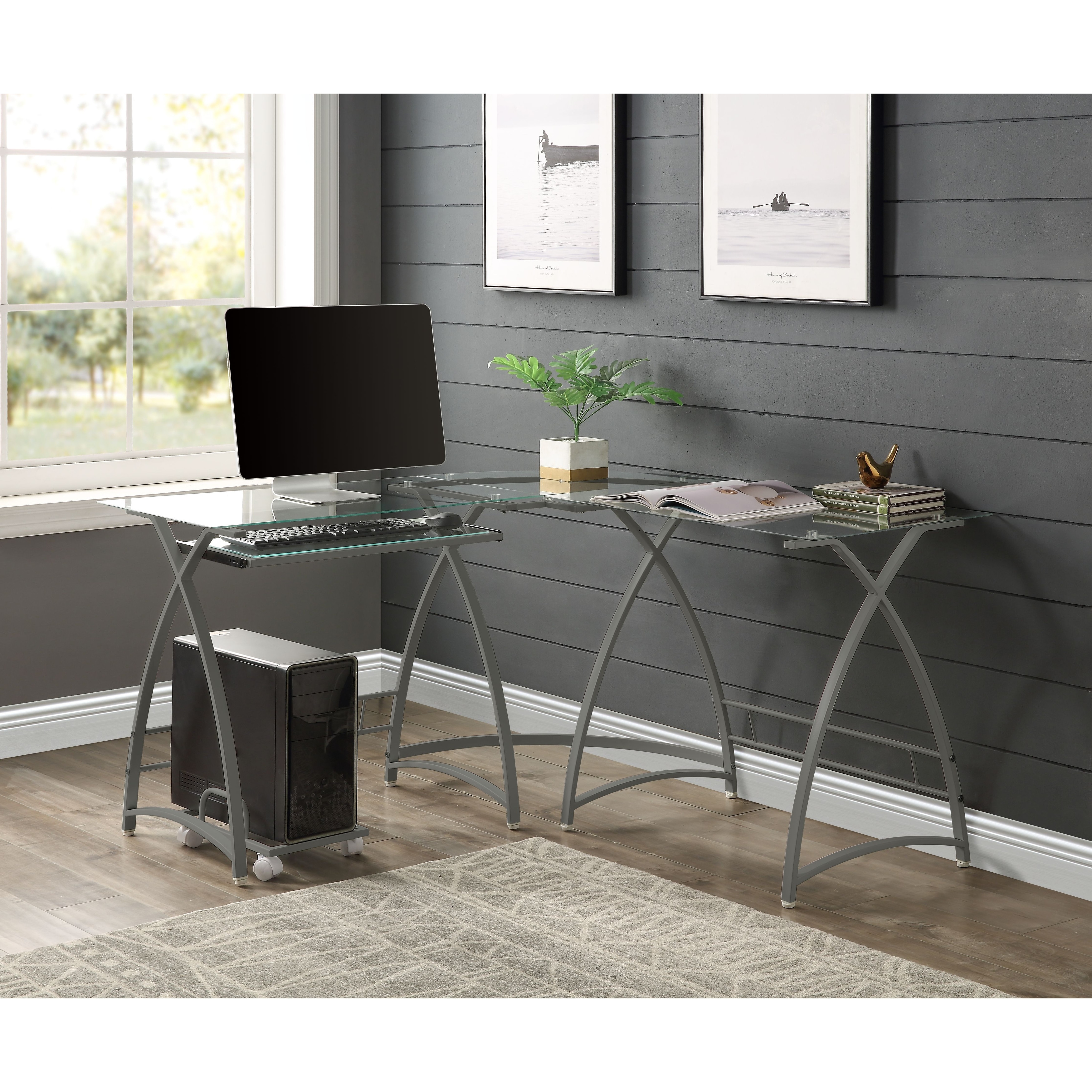 Glass l shaped computer desk with keyboard tray cheap