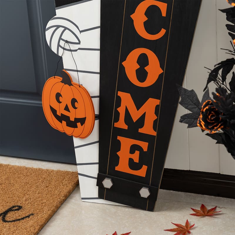 Glitzhome 38"H & 42"H Halloween Wood Mummy and Welcome Coffin Porch Decor, Two Function (S/2 or One Piece)