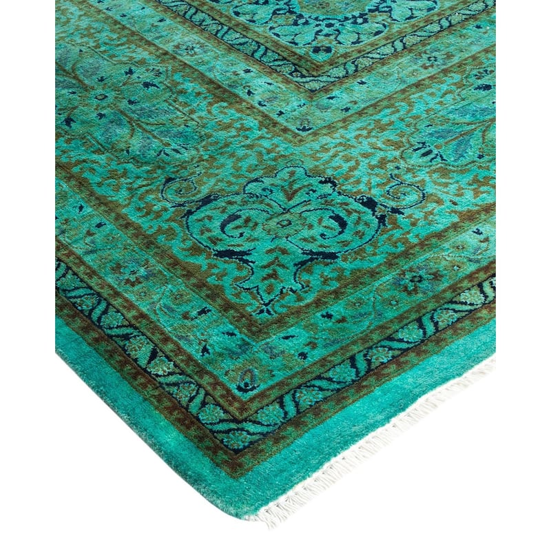 Overton Hand Knotted Wool Vintage Inspired Modern Contemporary Overdyed Green Area Rug - 9' 10" x 14' 3"
