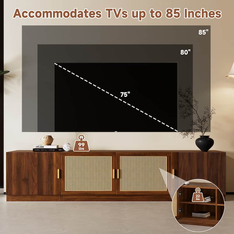 78" Mid-Century TV Stand for TVs Up to 85", Rattan Door Media Console with Adjustable Shelves & Cable Management