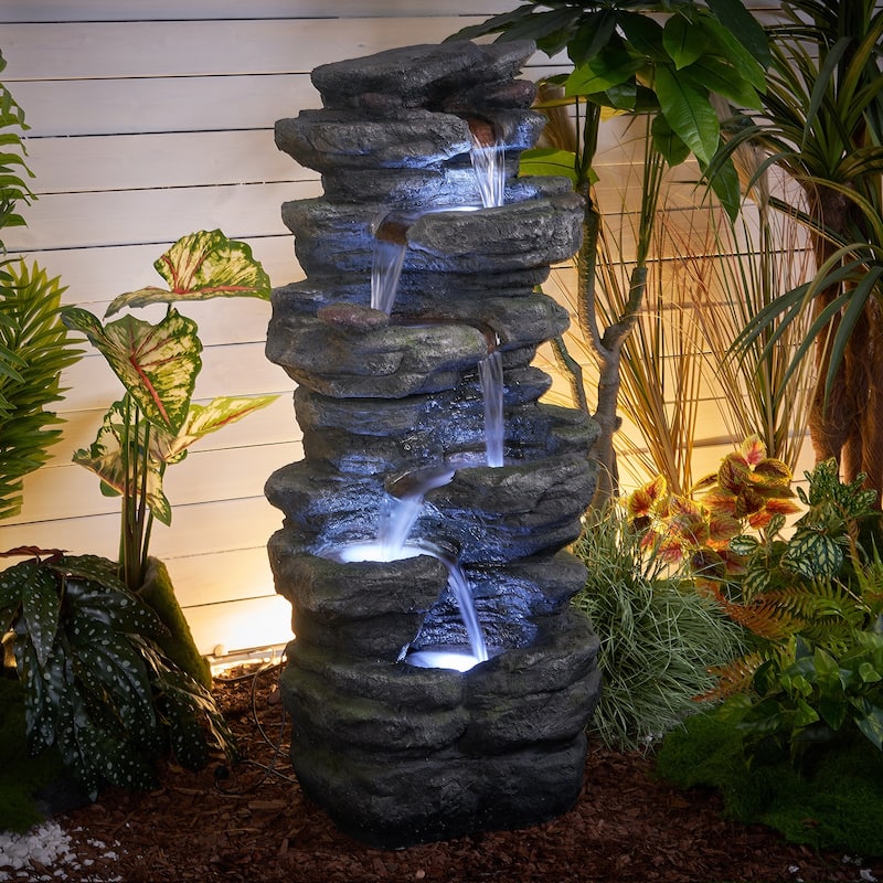Outdoor Freestanding Fountains Rock Waterfall Fountain w/LED Lights