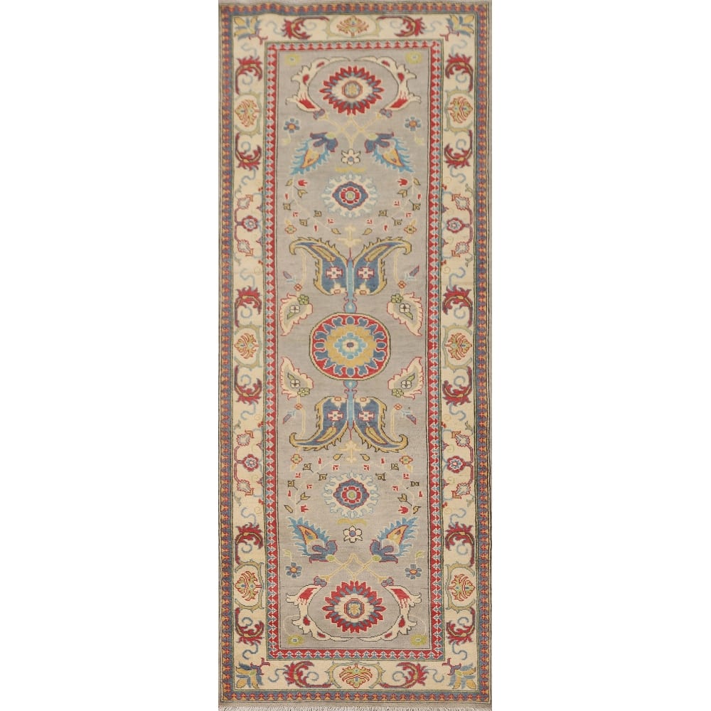 Kazak Runner Rug Hand-Knotted Floral Wool Carpet - 3'3" x 9'8"