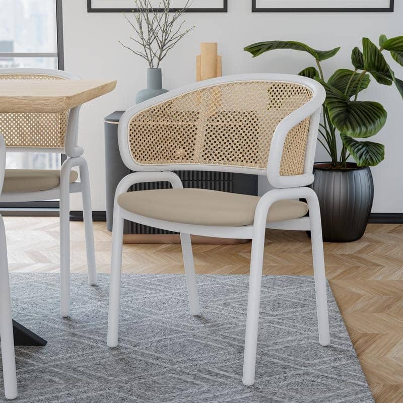 Euston Modern Mid-Century Leather Dining Chairs with Wicker Back in Steel Frame - Accent Armchair for Home Office & Kitchen