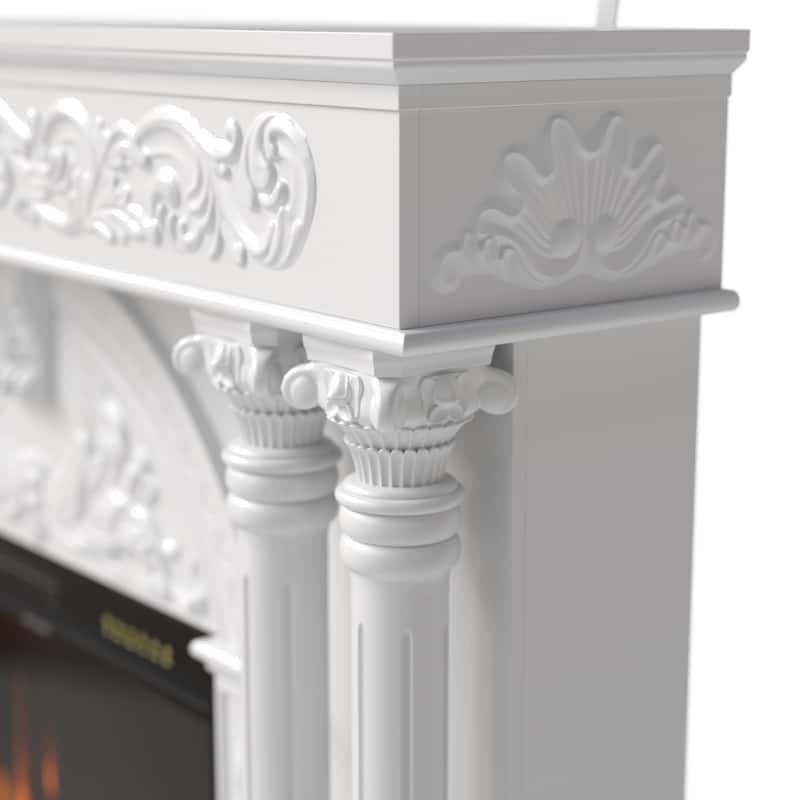 Solid Wood Electric Fireplace TV Stand with 12-Color LED Flame, White Wood Cabinet with Roman Columns, 1500W Heater