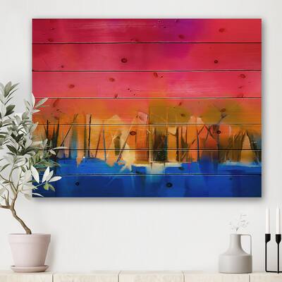 Designart 'Landscape During Red Sunset Autumn Impression' Modern Print on Natural Pine Wood