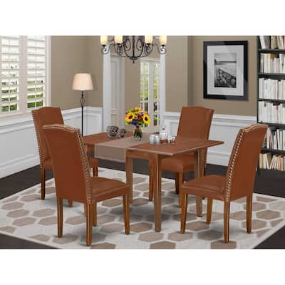 Rectangle Kitchen Dining Set 5Pc Table W/ Leaf & 4 Chairs - Brown Flaux Leather Mahogany Legs