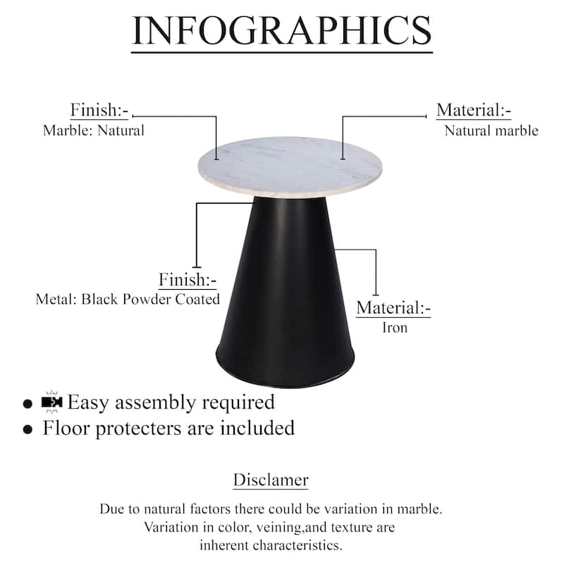 Riko Side End Table, White Natural Marble 18 Inch Round Top, Modern Black Pedestal Base