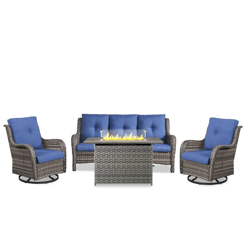 Fire Pit Table with Patio Glider Chairs Sofa Grey-Blue - Grey