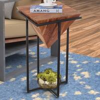 Ida 26 Inch Pyramid Shape Acacia Wood Side Table With Cross Iron Base, Brown and Black By The Urban Port main image 1