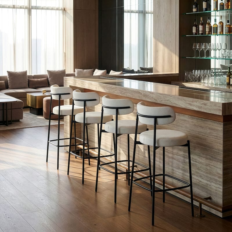 Set of 2 Awen White Boucle Bar Stool with Black Legs