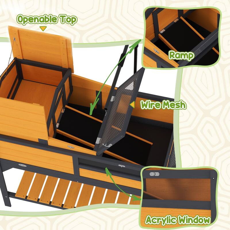 PawHut Tortoise Habitat with Adjustable Lamp Holder, 2 Layer Tortoise Enclosure with Storage Shelf, Removable Main House