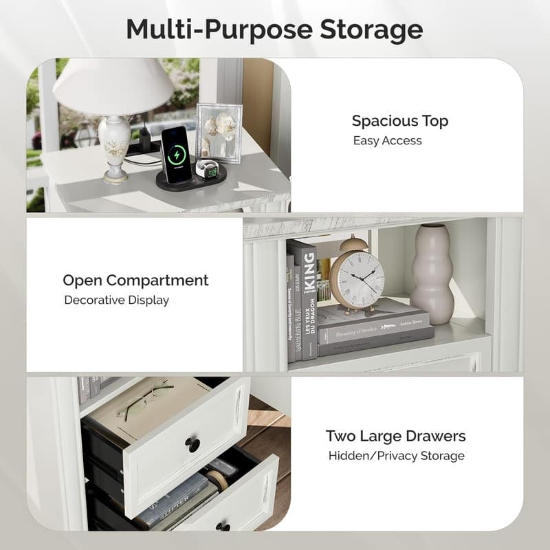 White MDF 2-Drawer Nightstand with Outlet, Black Brushed Handles, 19.7x13.8x25.8in - 1pc