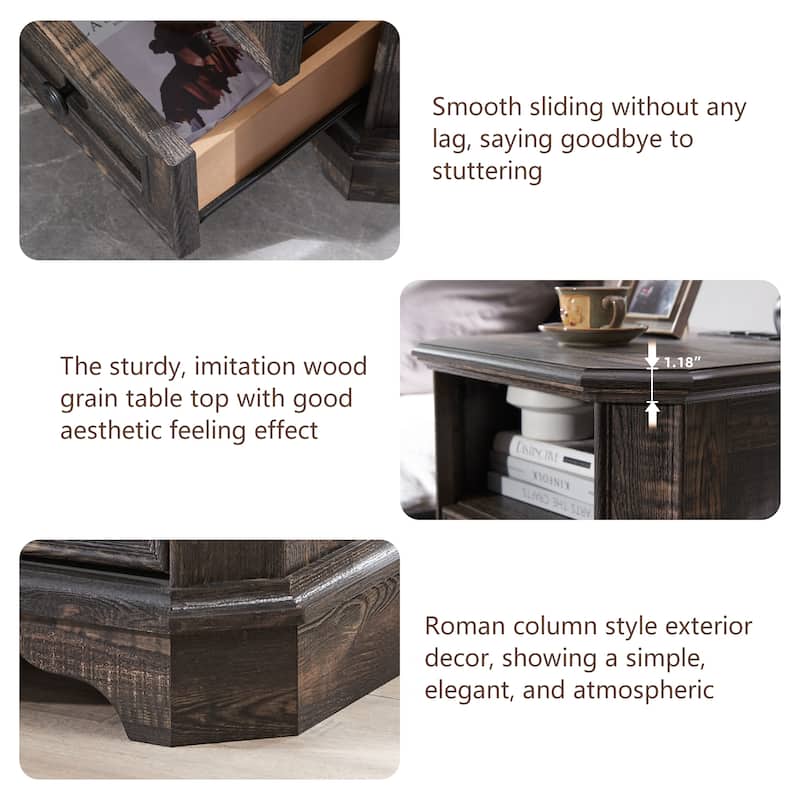 Farmhouse Nightstand with Charging Station, Beside Table for Bedroom